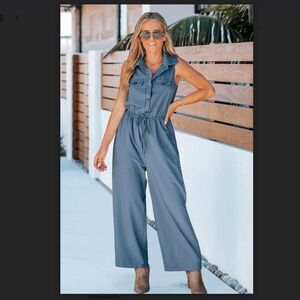 NEW Cupshe Blue Sleeveless Jumpsuit with Drawstring Waist - Size Medium